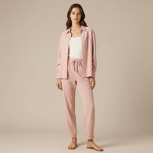 Woman Wearing Pink Loungewear Set with White Tank Top