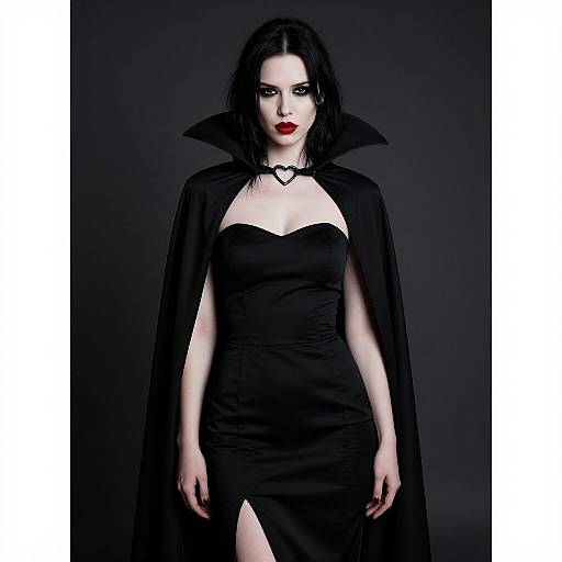 Gothic Woman in Black Dress and Cape with Heart Clasp
