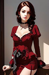 Elegant Victorian-Style Woman in Red Dress Digital Artwork