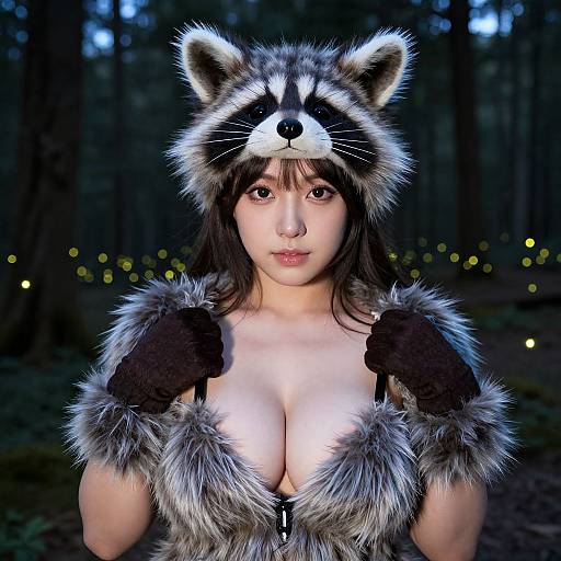 Woman Wearing Furry Raccoon Hat and Costume in Forest at Night