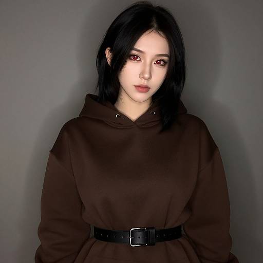 Portrait of Woman with Red Eyes in Brown Hoodie Belted at Waist