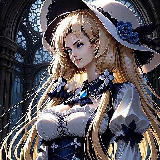 Elegant Blonde Woman in Victorian Outfit with Blue Roses in Gothic Cathedral Anime Style