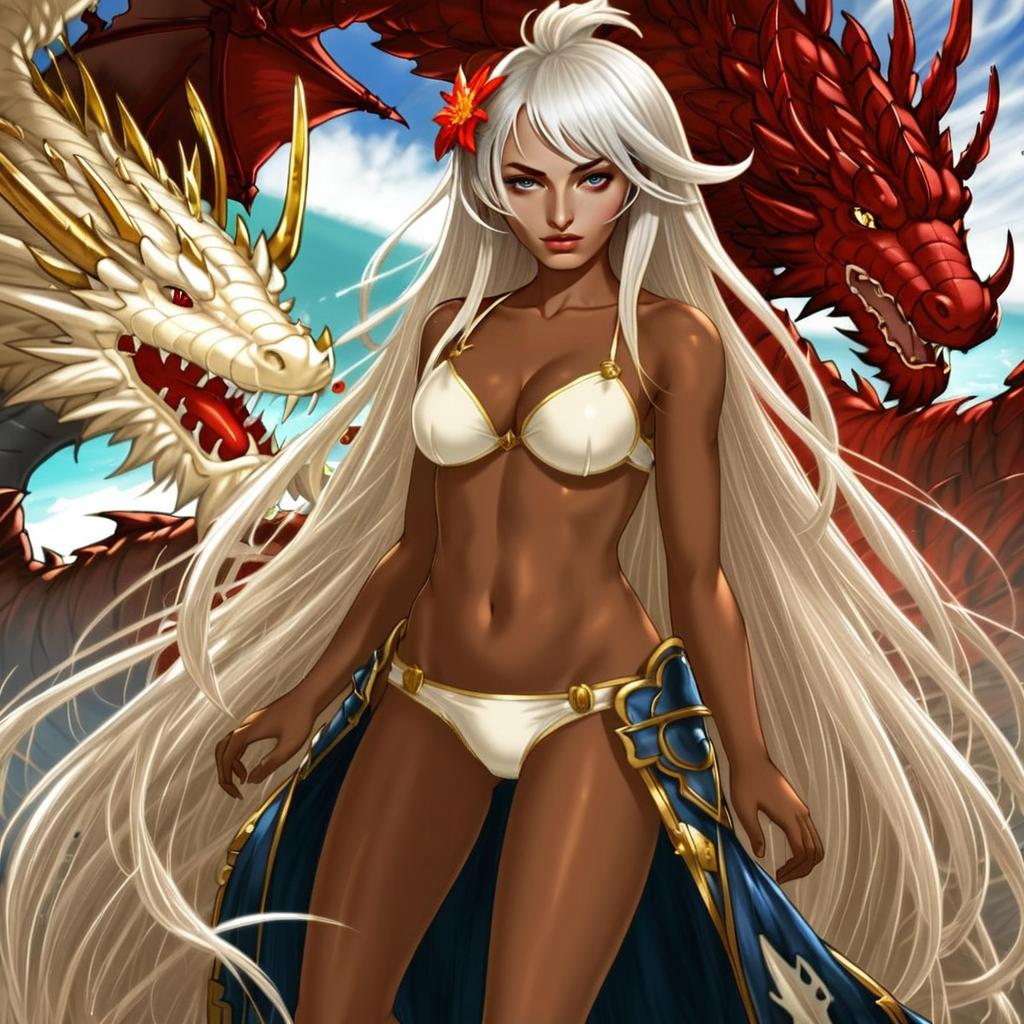 Anime Woman with Long White Hair and Dragons in Granblue Fantasy Style