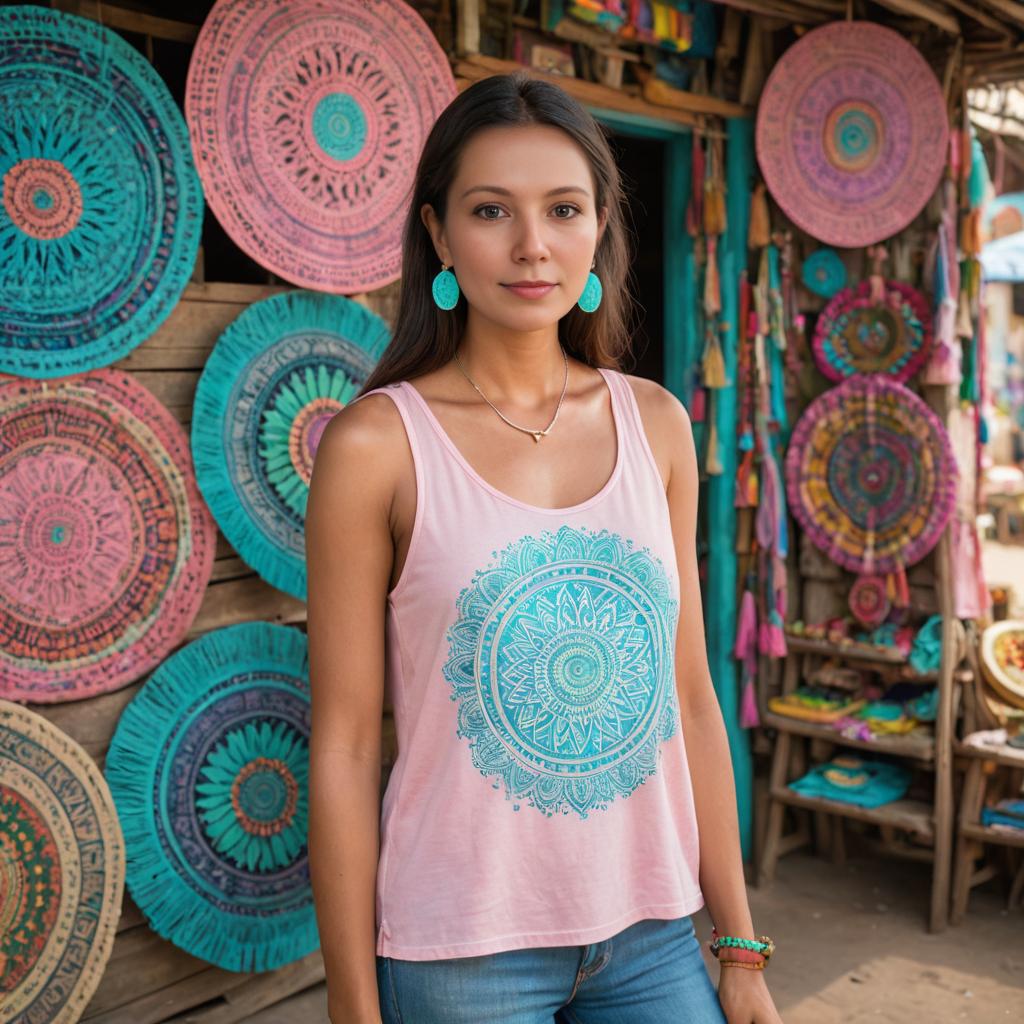 Confident Woman in Colorful Mandala Backdrop