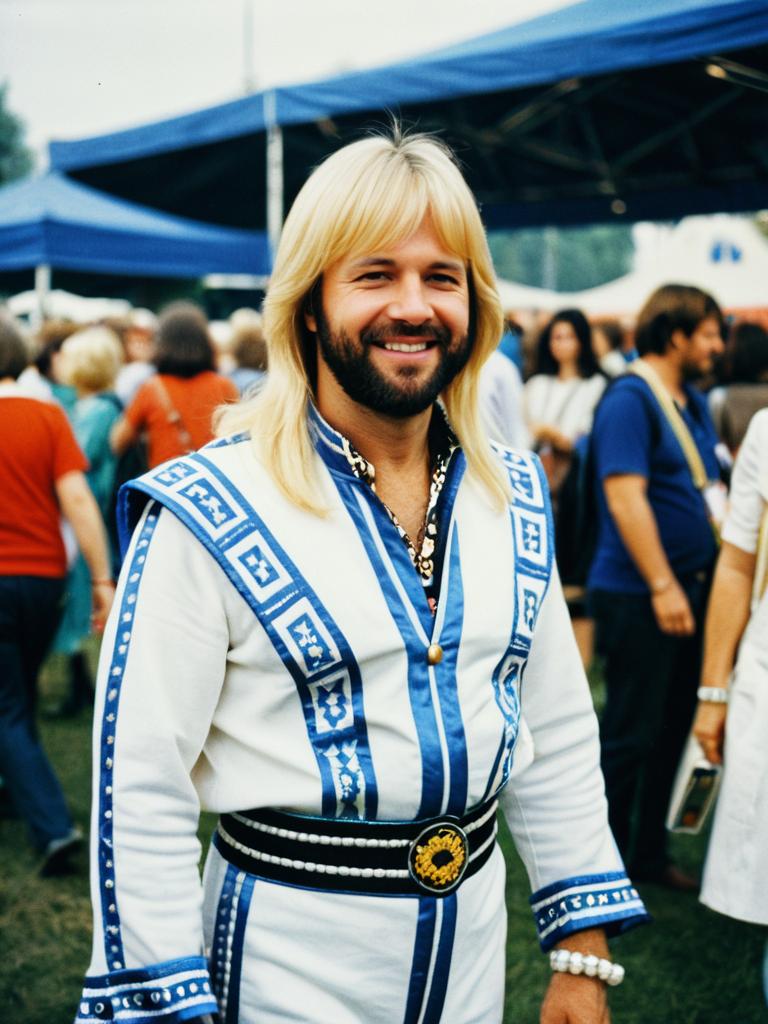 Man in ABBA Outfit at Retro Music Festival Candid Portrait