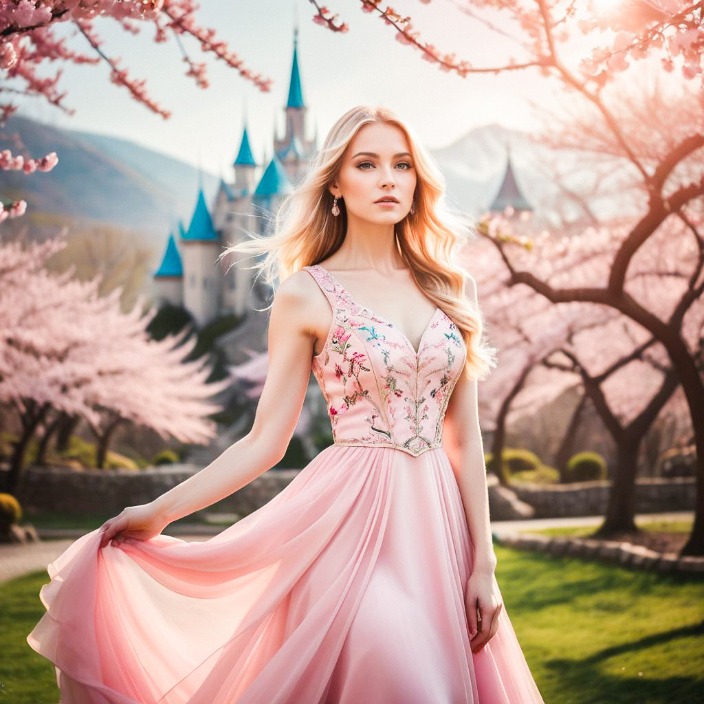 Young Woman in Pink Dress in Cherry Blossom Garden