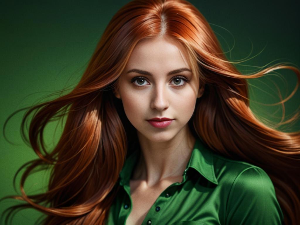 Confident Woman with Red Hair on Green Background