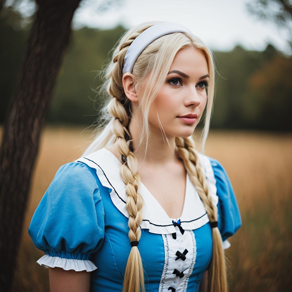 Young Woman in Vintage Blue Dress with Braided Blonde Hair Outdoors
