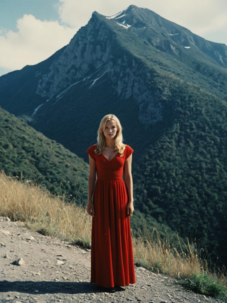 Woman in Red Dress Posing on Mountain Path with Scenic Peaks