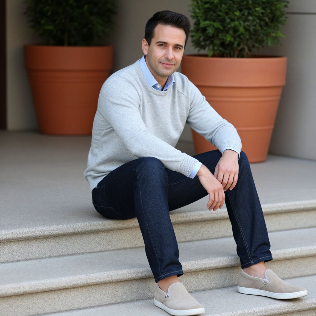 Casual Man Sitting on Outdoor Steps in Light Gray Sweater and Jeans