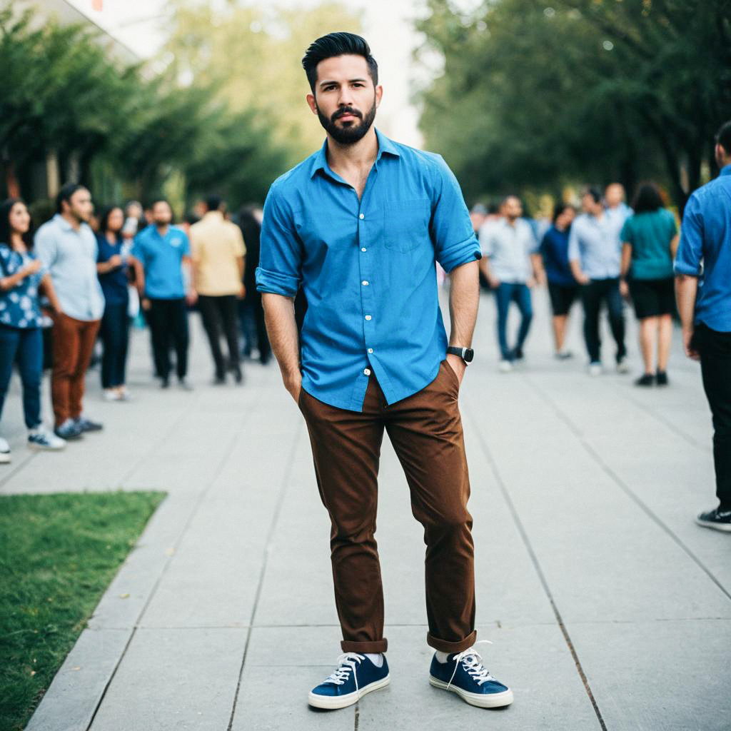 Confident Young Man in Casual Party Wear on Busy Walkway