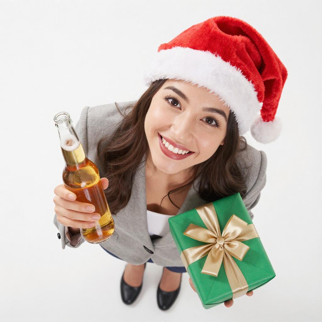 Joyful Woman Wearing Santa Hat Celebrating Christmas with Gift and Beer