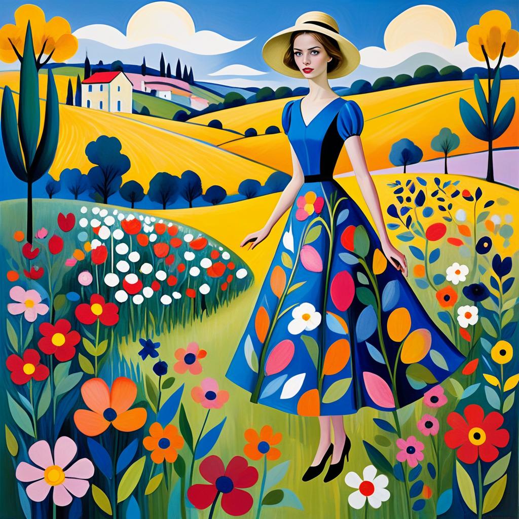 Stylish Woman in Blue Dress in Vibrant Countryside
