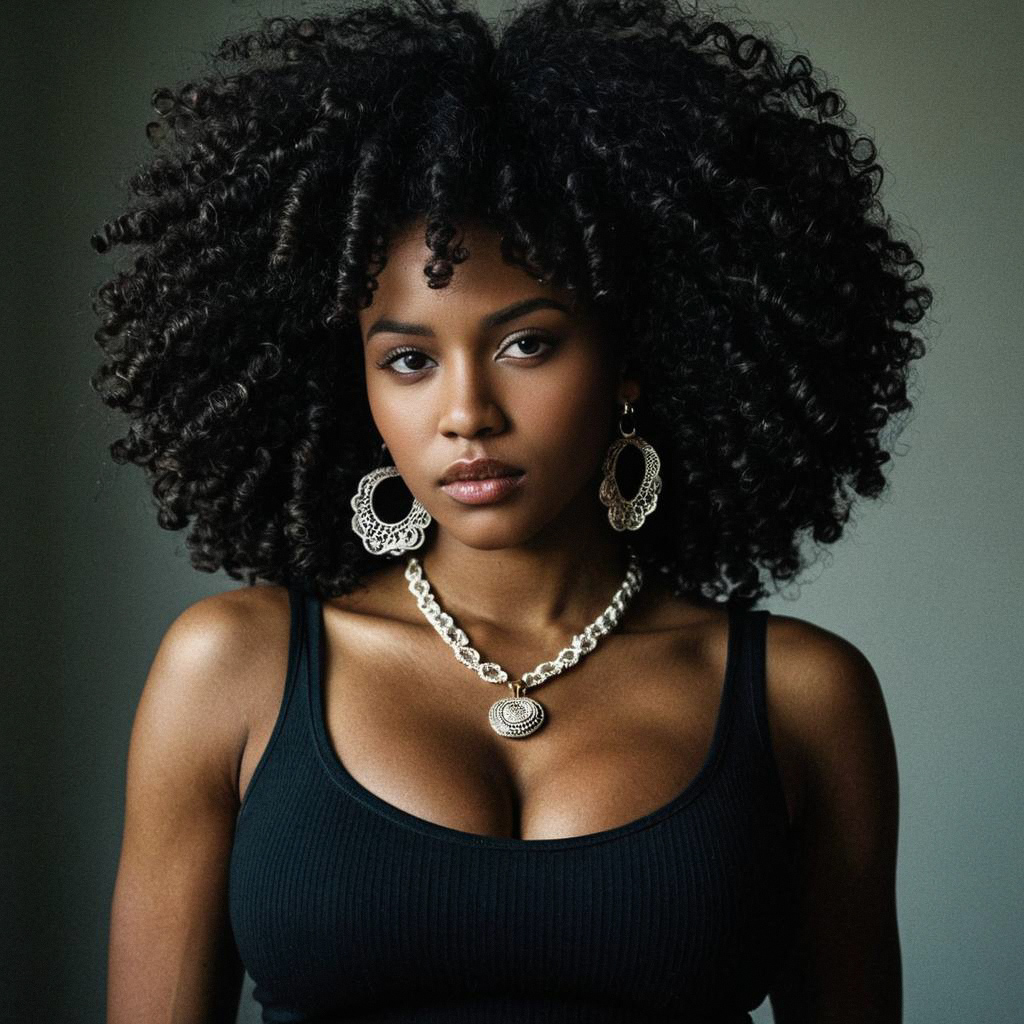 Confident Dark-Skinned Woman with Afro Hair and Gold Jewelry Confident Dark-Skinned Woman with Afro Hair and Gold Jewelry