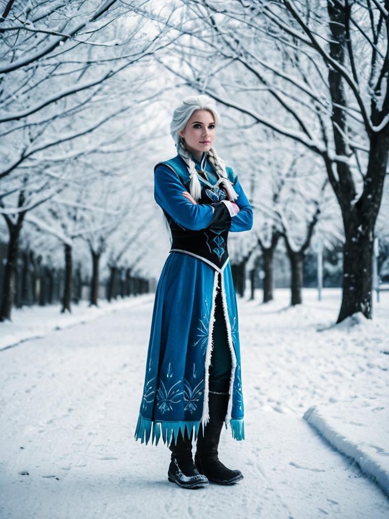Confident Woman in Blue Costume on Snowy Path