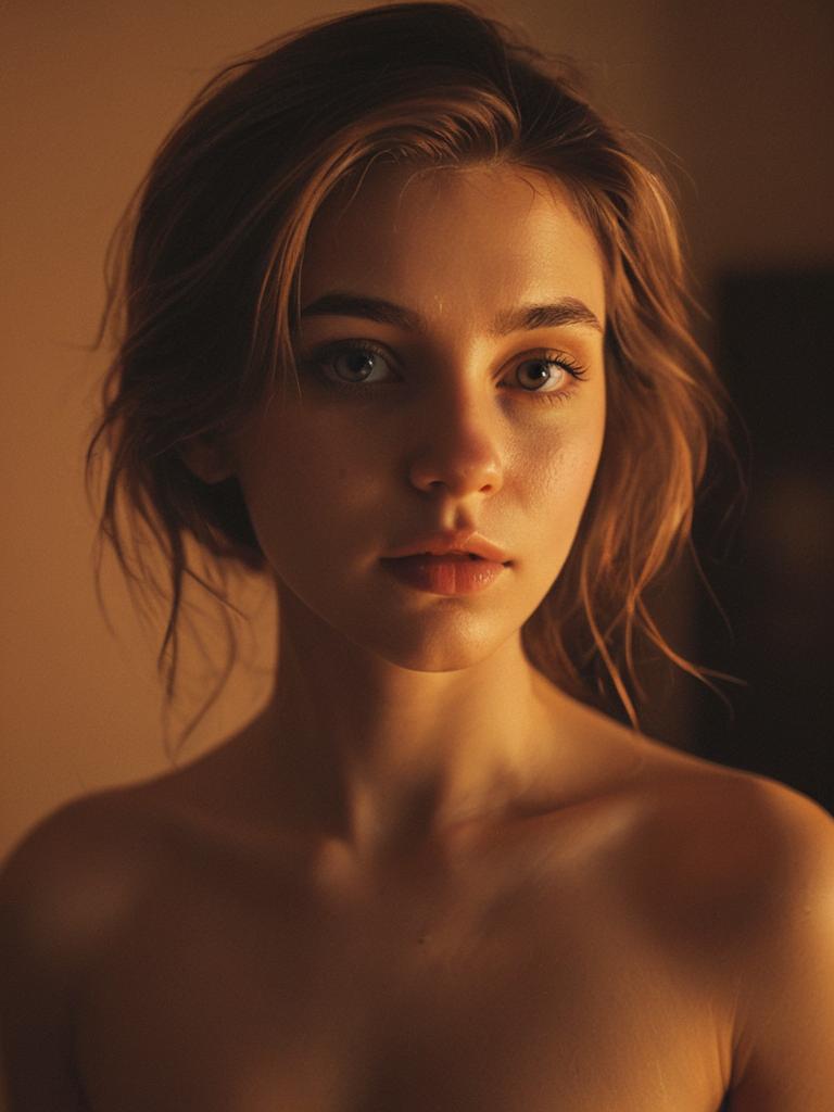 Close-Up Portrait of Young Woman in Warm Golden Light Realistic Style