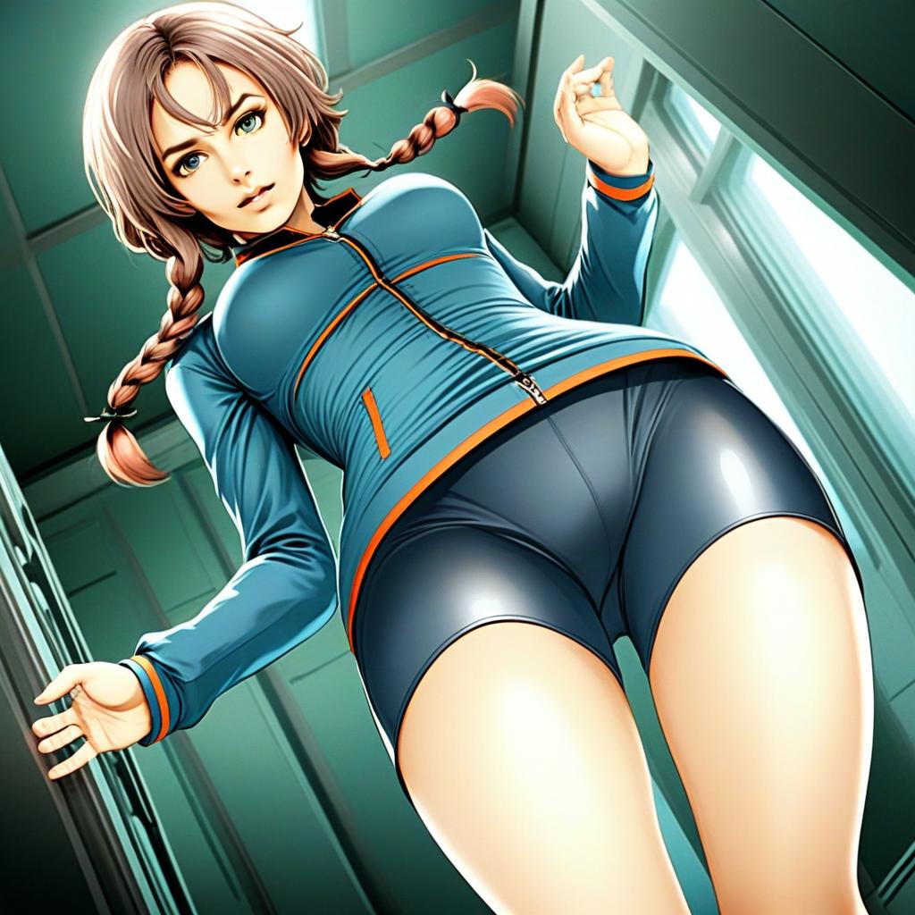 Anime Illustration of Young Woman in Athletic Wear from Low Angle