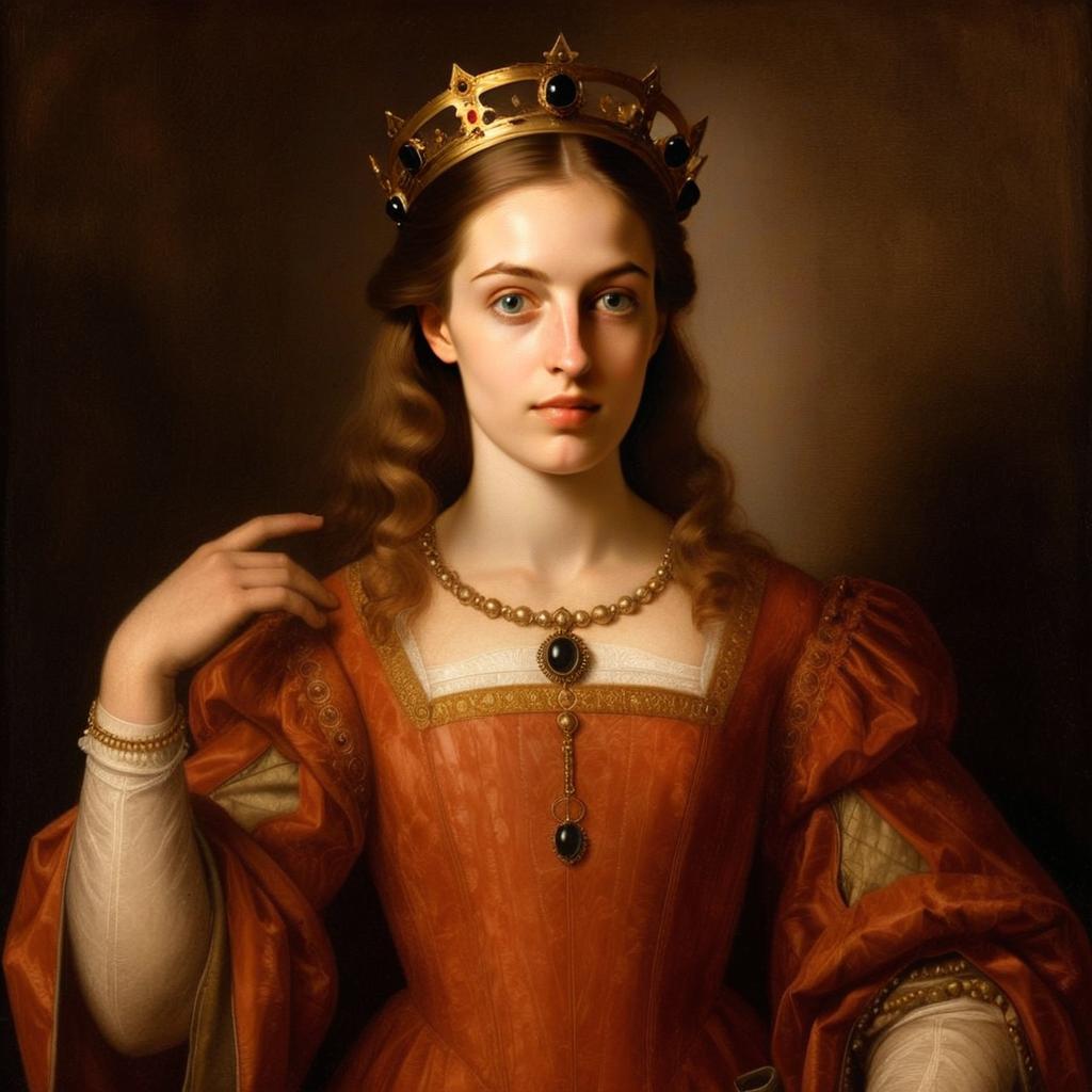 Regal Woman Wearing Golden Crown and Orange Renaissance Gown Portrait
