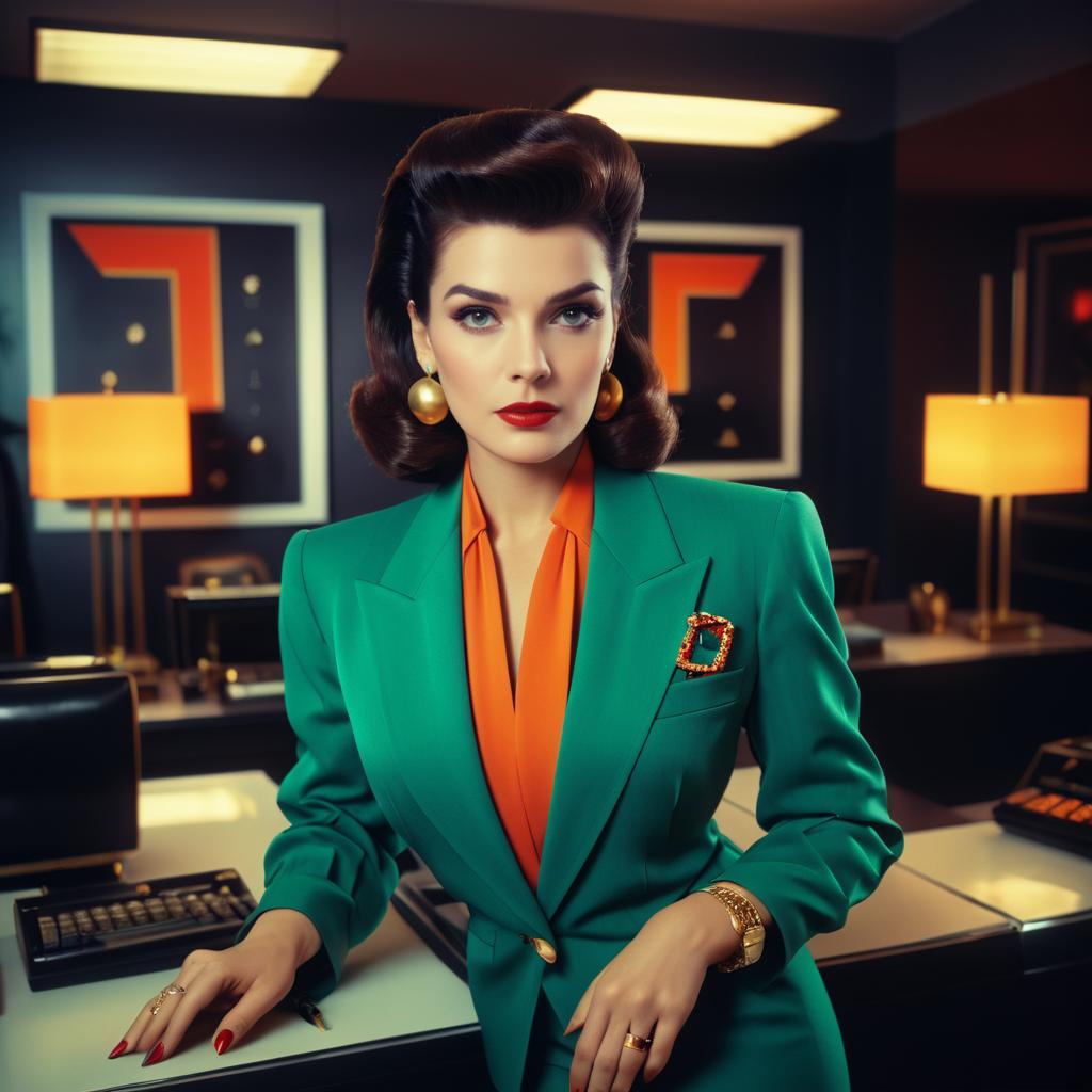 Vintage Fashion Woman in Green Suit with Orange Accents