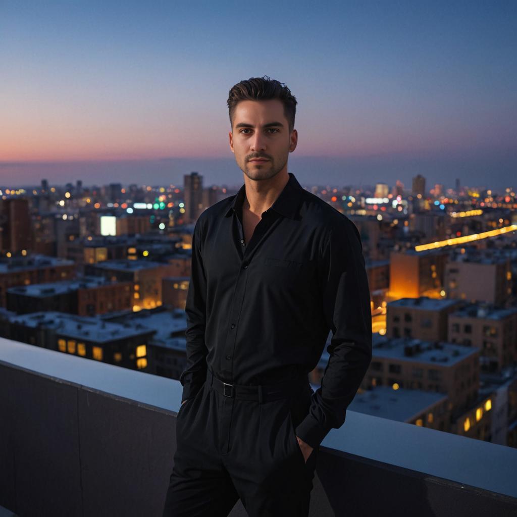 Confident Man on Balcony with Urban Nightscape