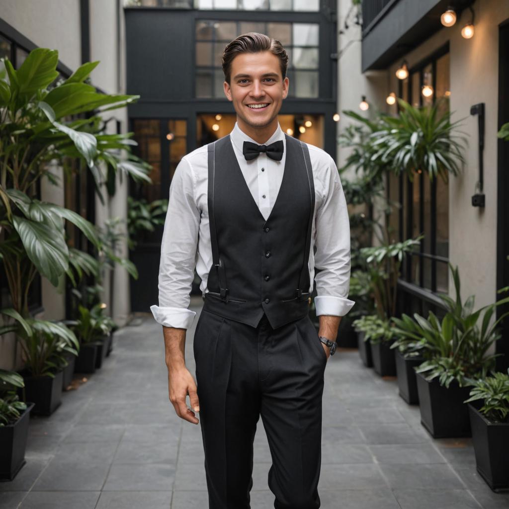 Vintage Man in Tuxedo in Modern Greenhouse