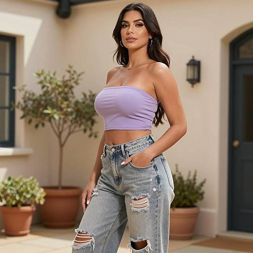 Trendy Gen Z Woman Wearing Lavender Tube Top and Ripped Jeans Outdoors
