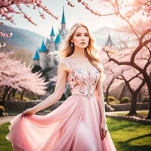 Young Woman in Pink Dress in Cherry Blossom Garden