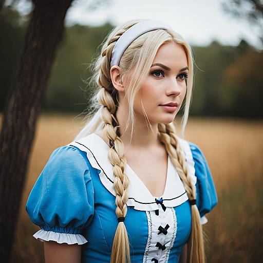 Young Woman in Vintage Blue Dress with Braided Blonde Hair Outdoors