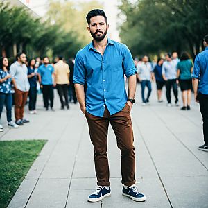 Confident Young Man in Casual Party Wear on Busy Walkway