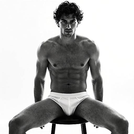Muscular Man Sitting on Stool in White Briefs Black and White Fitness Portrait