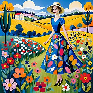 Stylish Woman in Blue Dress in Vibrant Countryside
