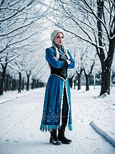 Confident Woman in Blue Costume on Snowy Path