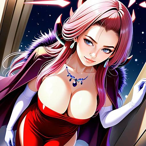 Anime Woman in Glamorous Red Dress with Purple Cape Illustration
