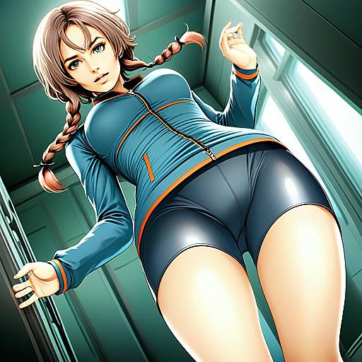 Anime Illustration of Young Woman in Athletic Wear from Low Angle