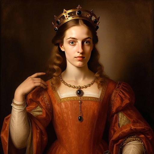 Regal Woman Wearing Golden Crown and Orange Renaissance Gown Portrait