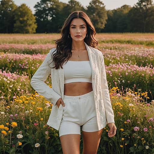 Young Woman in White Outfit Standing in Colorful Flower Field