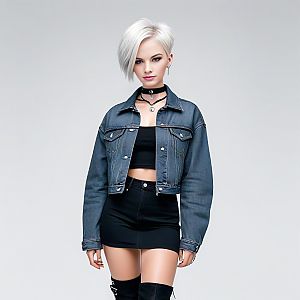 Stylish young woman in cropped denim jacket and mini skirt