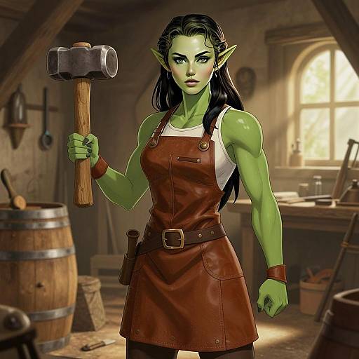 Fantasy Green-Skinned Woman Blacksmith in Medieval Workshop Artwork