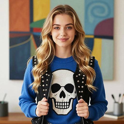 Young Woman Wearing Blue Skull Sweater and Studded Vest with Abstract Painting Background