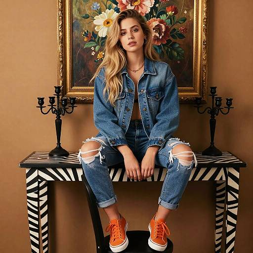 Young Woman in Denim and Orange Sneakers Sitting on Zebra-Patterned Table