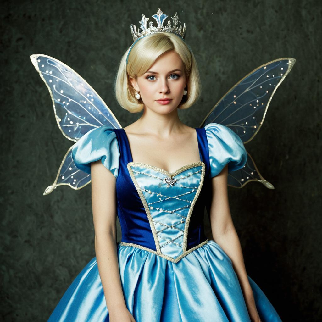 Fairy Godmother Woman in Blue Satin Gown with Wings and Tiara