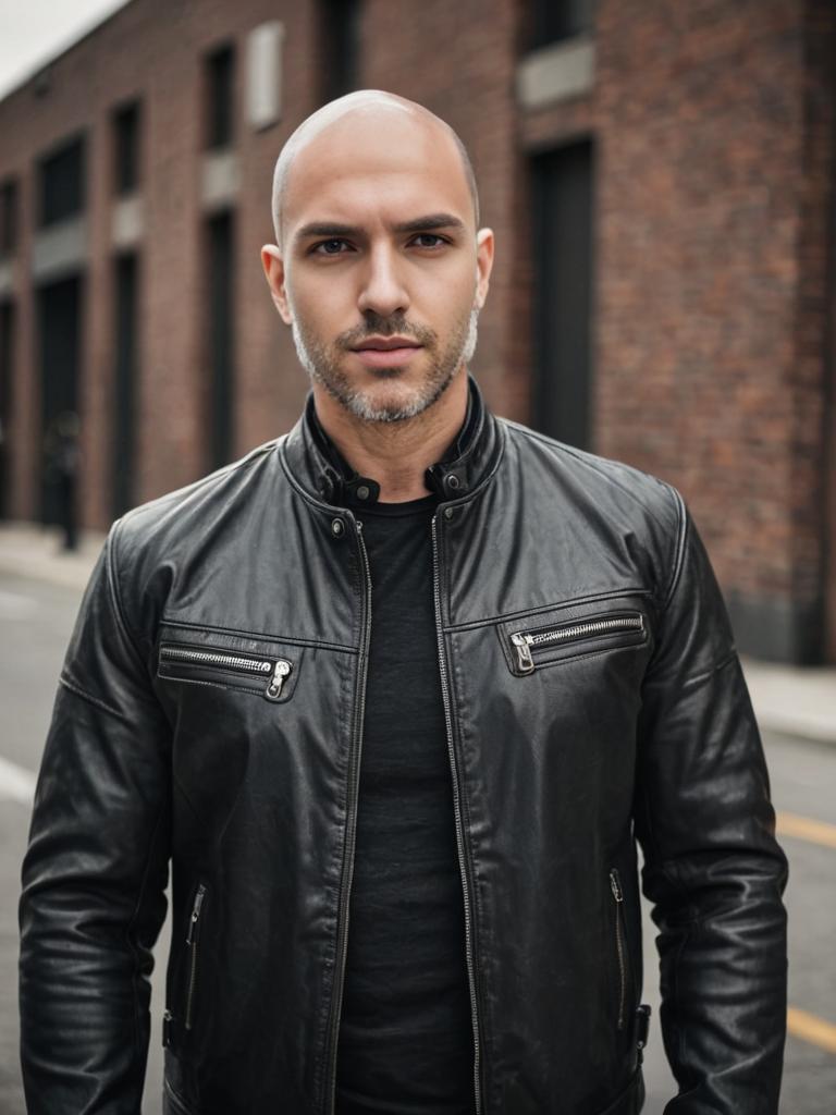 Confident Man in Black Leather Jacket on Urban Street