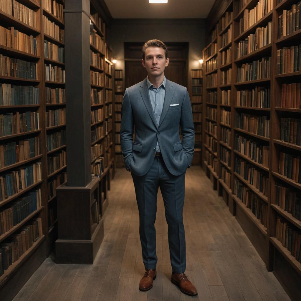 Confident Man in Blue Suit Among Bookshelves