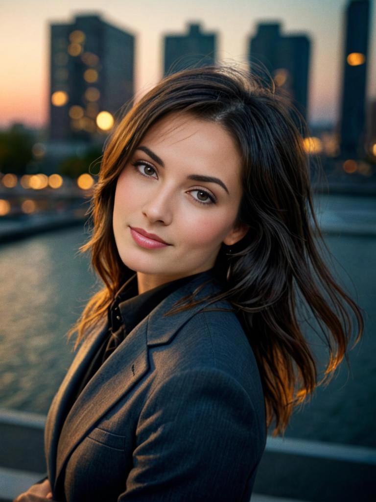 Woman in Gray Blazer at Sunset with City Background