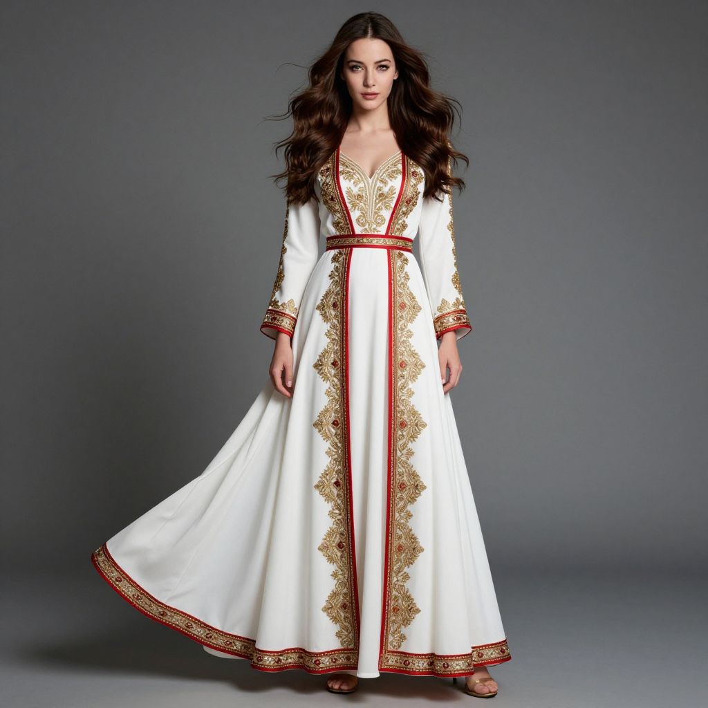 Elegant Woman Wearing White Traditional Embroidered Gown