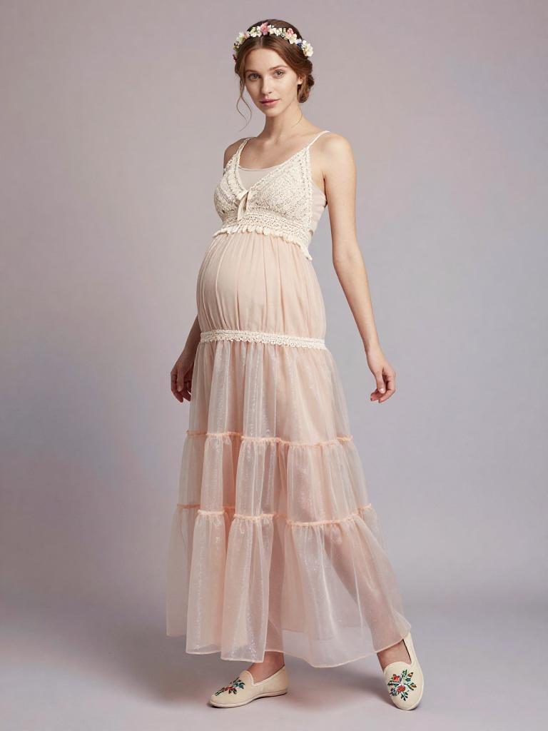 Pregnant Woman in Flowing Peach Bohemian Maternity Dress with Floral Headband