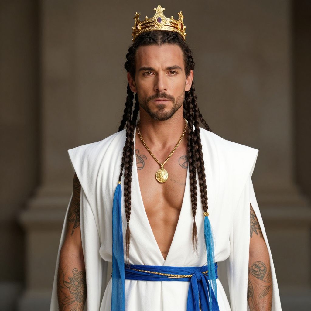 Regal Man with Crown and Braided Hair in White and Blue Robe