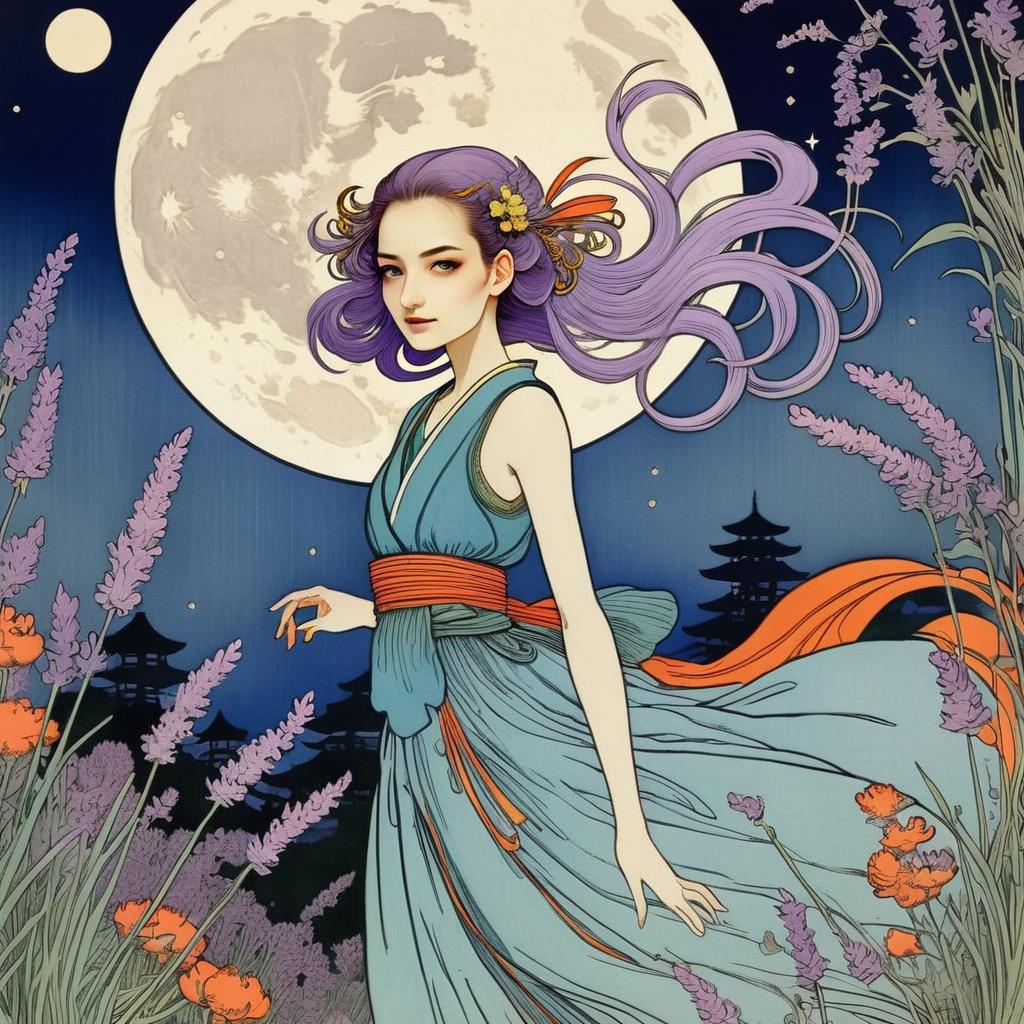 Woman with Lavender Hair Under Full Moon