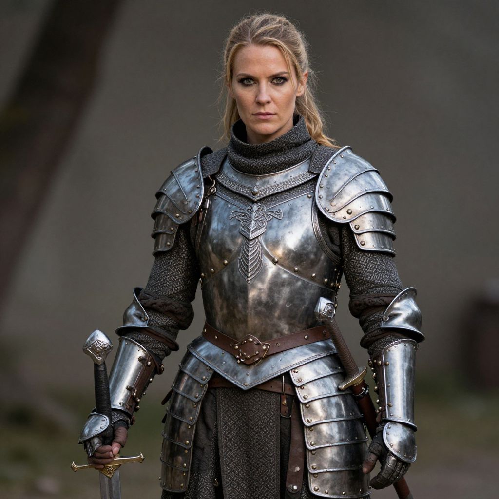 Medieval Woman Knight in Full Plate Armor Holding Sword