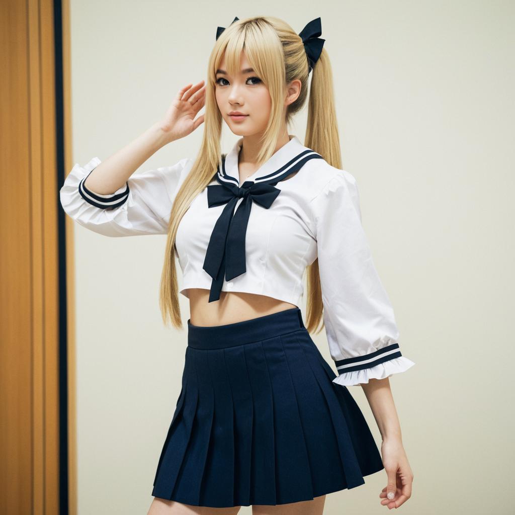 Young Woman in Modern Japanese Sailor School Uniform with Blonde Twin Ponytails